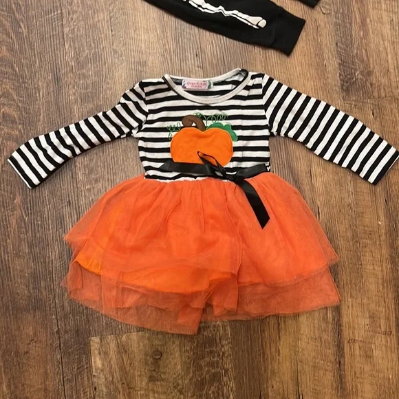12-24M Halloween Bundle - Frozen Dress, Pumpkin Dress, Skeleton Jams, Tutu Dress - Picture 4 of 5